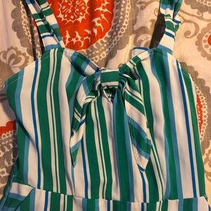 Blue green and white striped romper